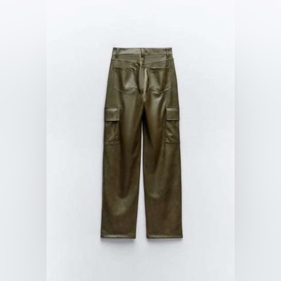 Zara Khaki Faux Leather Cargo Pants Size -NWT